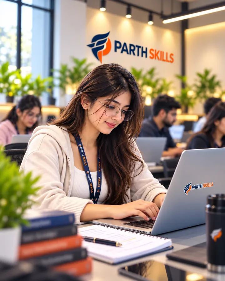 Student learning digital marketing with AI tools at Parth Skills Jaipur