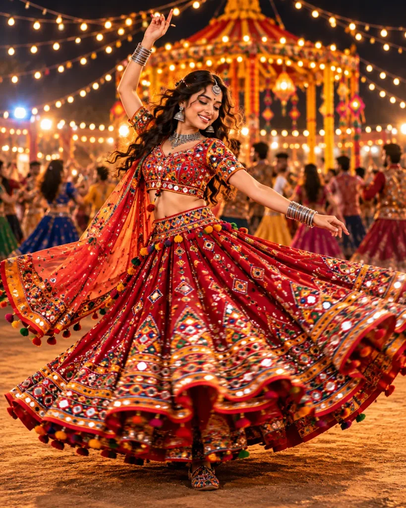 red mirror work chaniya choli mid spin