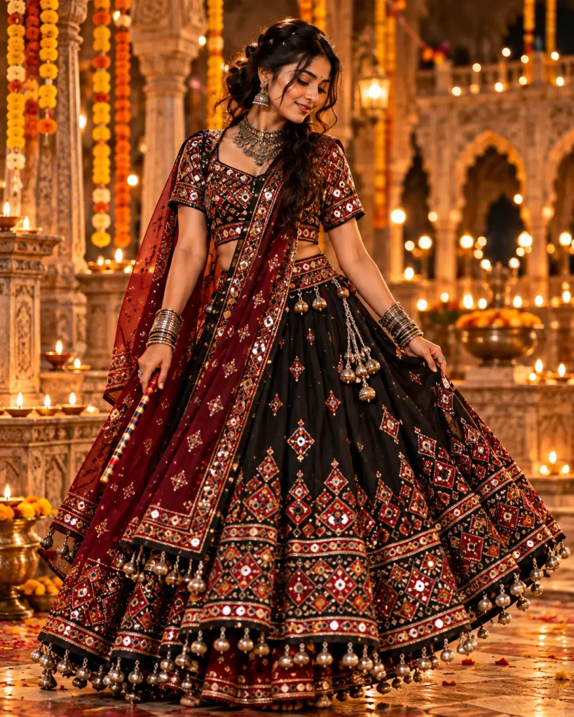 black ajrakh and silver contemporary garba look