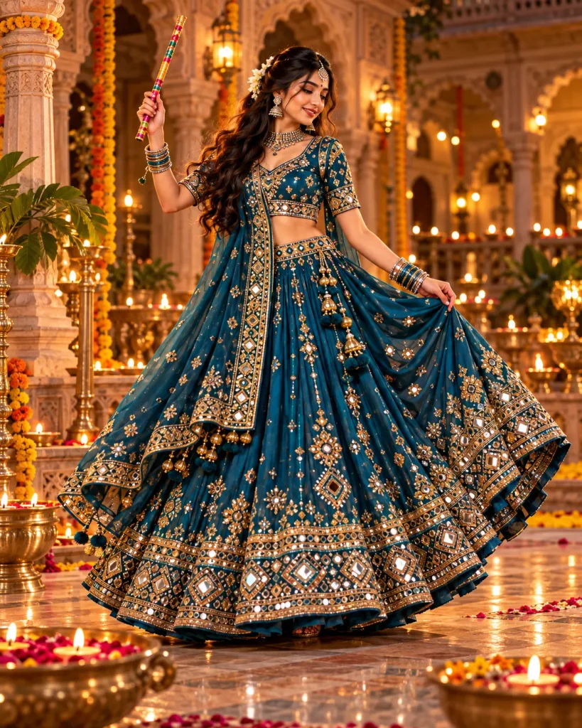 royal teal garba portrait in a heritage haveli