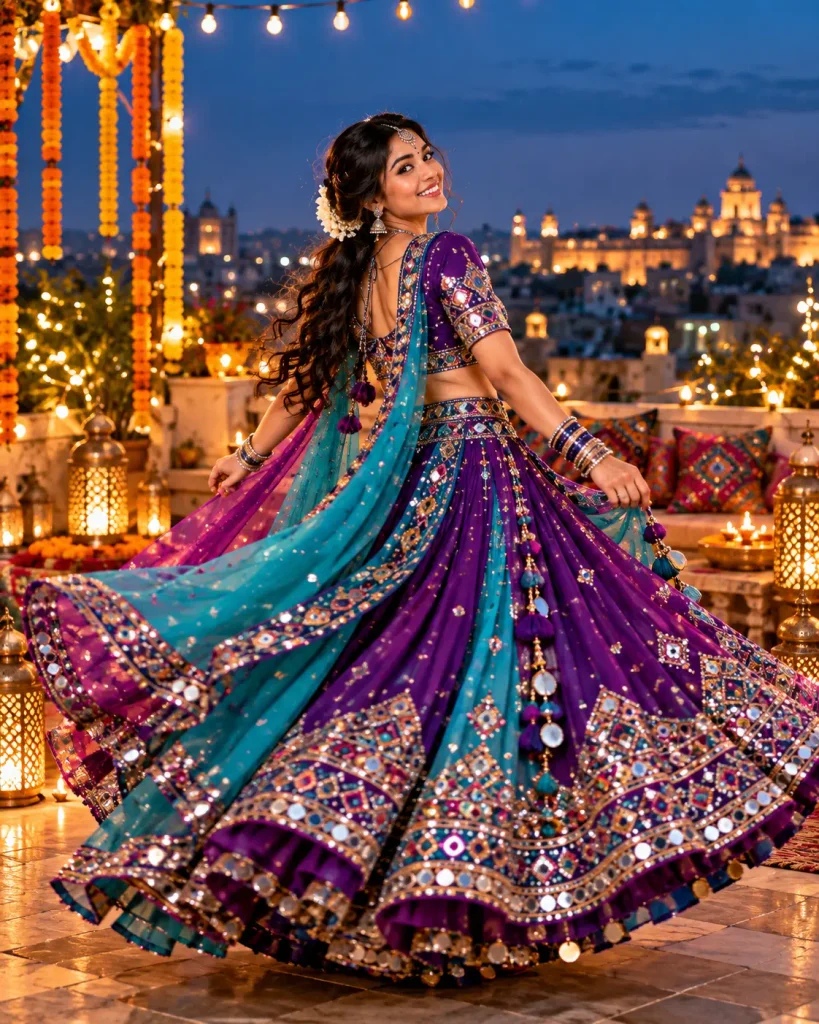 modern fusion rooftop garba at blue hour 