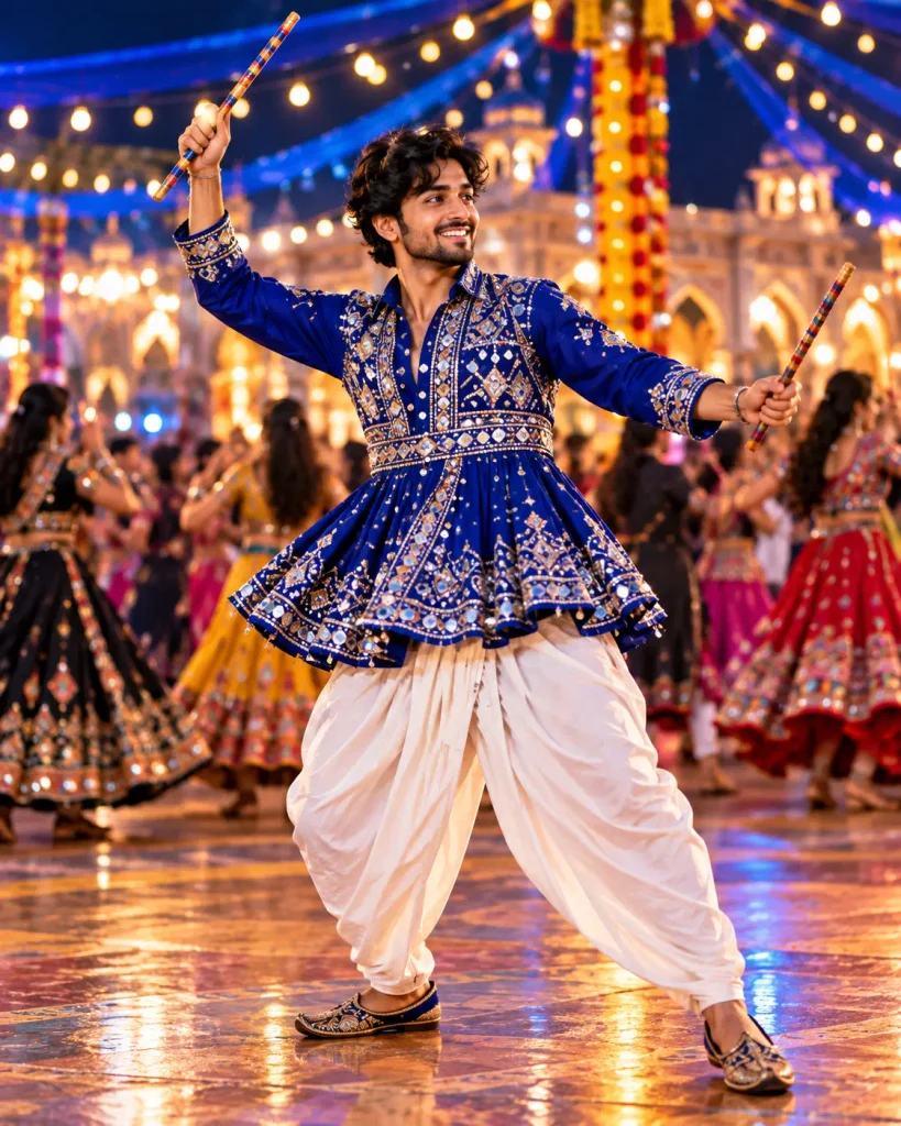 royal blue and silver men's dandiya look
