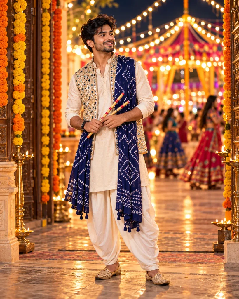 white kurta pajama with colourful embroidered koti 