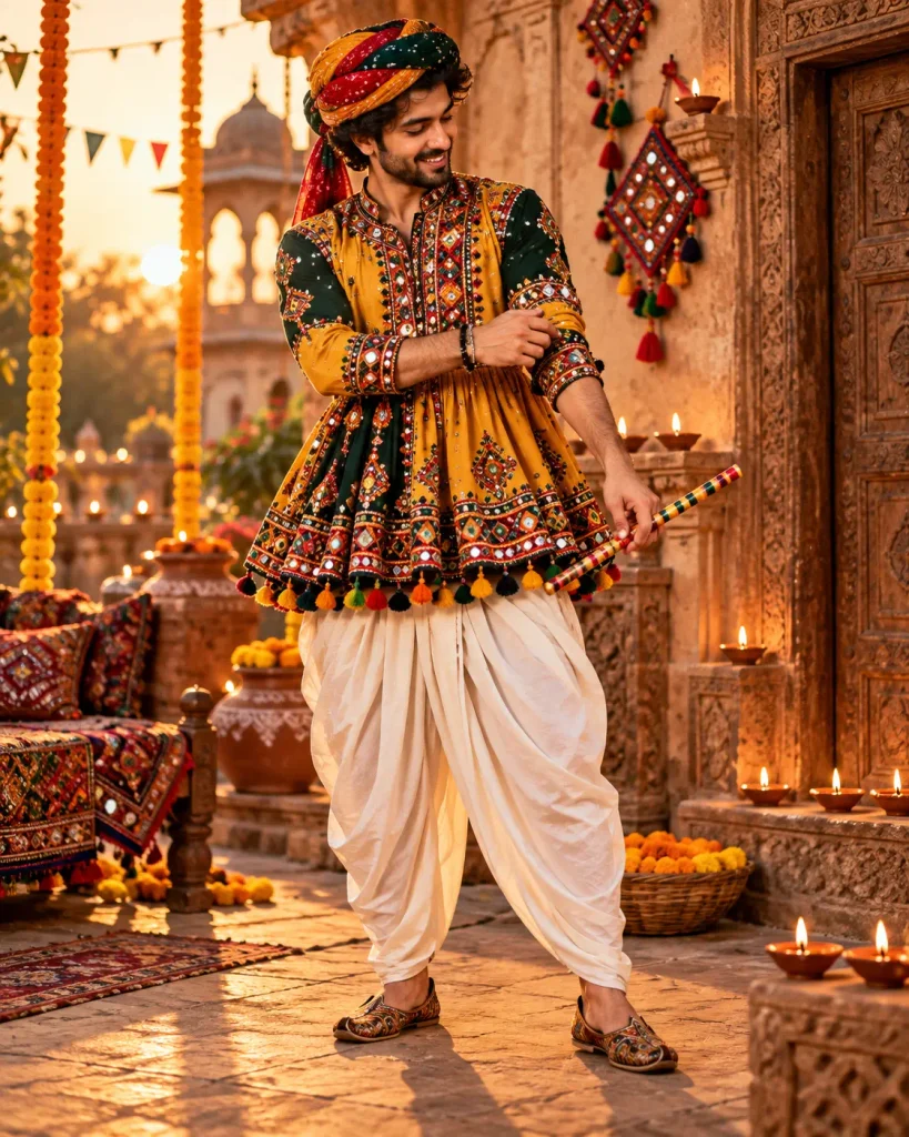 mustard and forest-green kutch inspired kediyu 