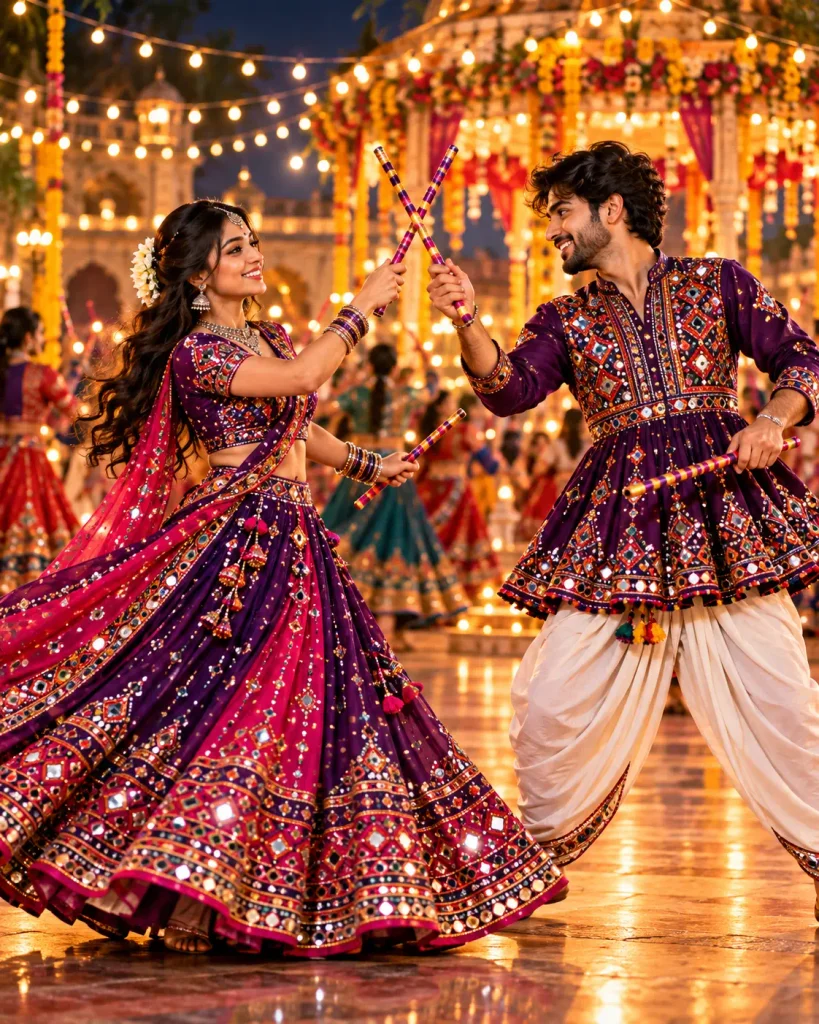 couple mid-dandiya cross in coordinated jewel tones