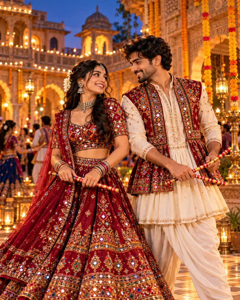 couples dandiya portrait in a jaipur haveli courtyard