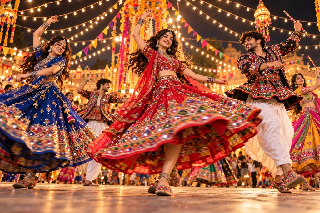 cinematic low- angle garba group under festival lights 