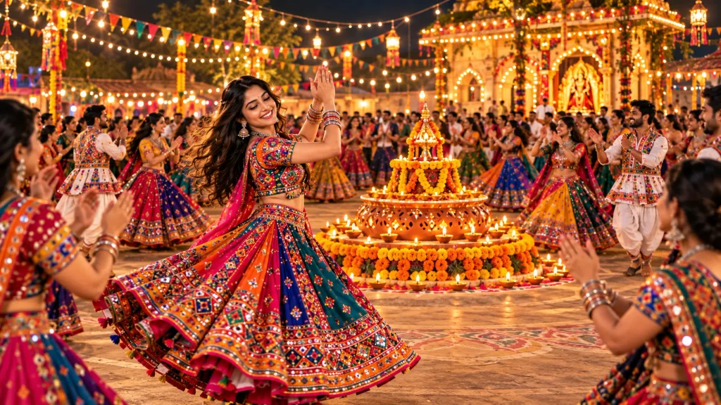 traditional garba circle with diya and garba